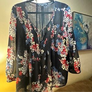 Tommy Hilfiger Royal Blue Floral Blouse with Red and White Accents